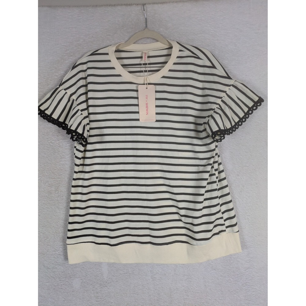 NEW Shewin Short Sleeve Top Women's L Cream Black Striped Ruffle Eyelet Trim